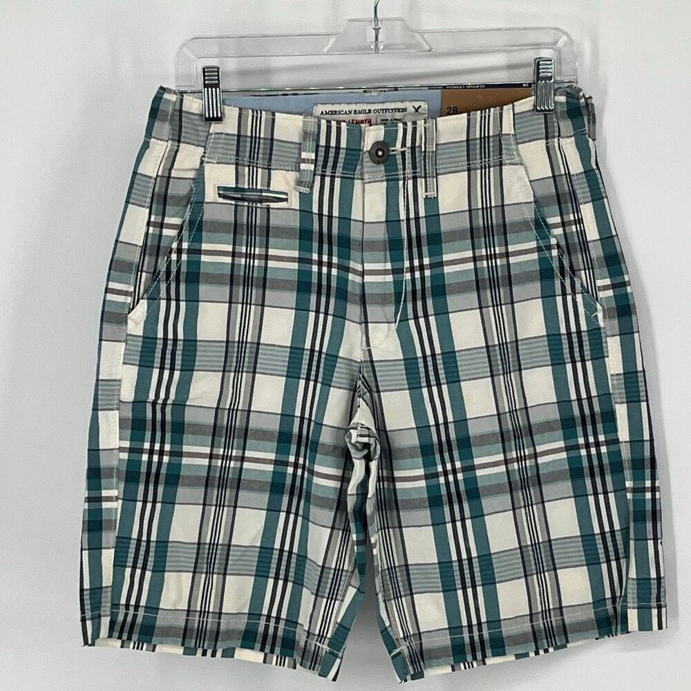 NWT AMERICAN EAGLE Men’s Plaid Shorts 28 Blue Teal White Classic Length Cotton‎